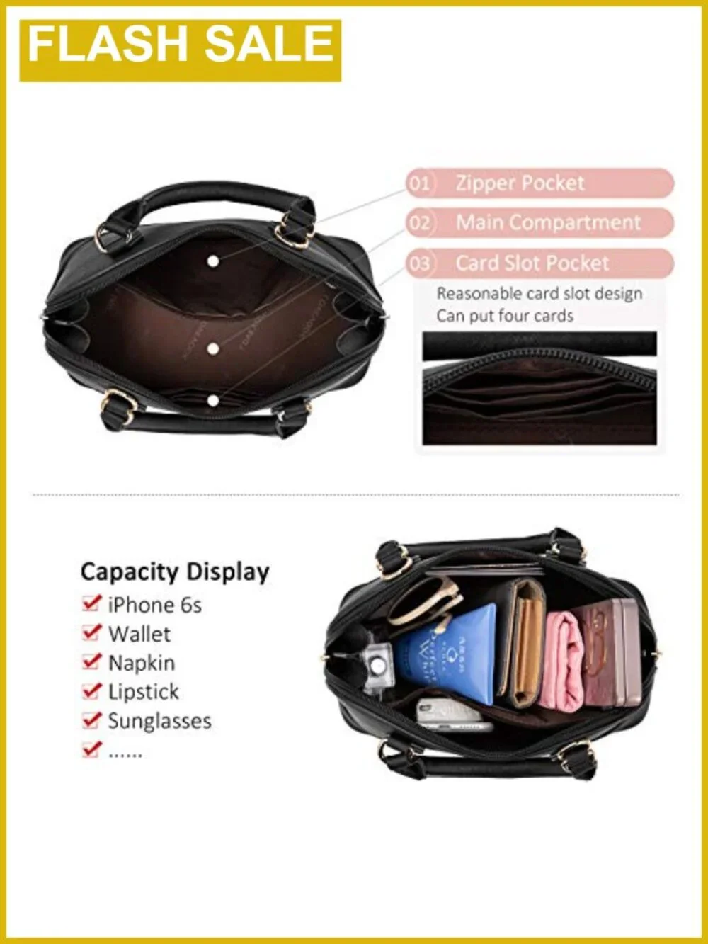 Faux Leather Crossbody Satchel Bag with Double Zip Adjustable Strap
